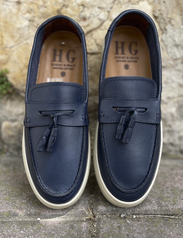 Huxley and Grace ανδρικά μπλε δερμάτινα loafers με tassels HG174194B φωτογραφία